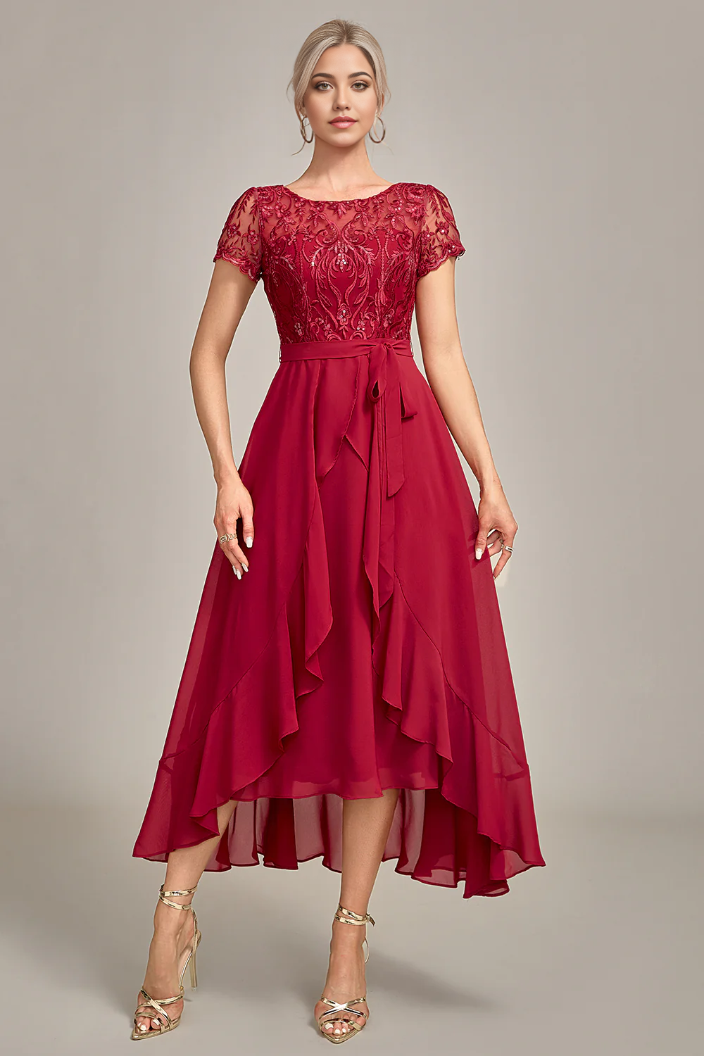 Sparkly burgundy A-line V-neck mother of the bride dress with asymmetrical sequin appliques.