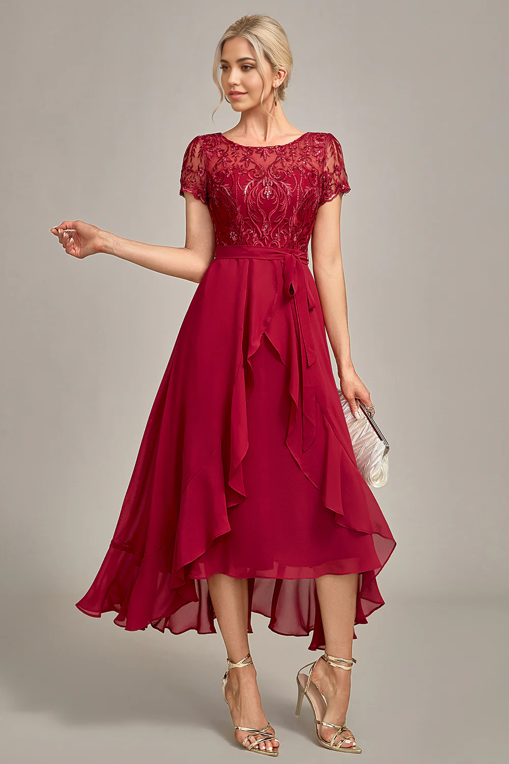 Back view of the sparkly burgundy mother of the bride dress with appliques.