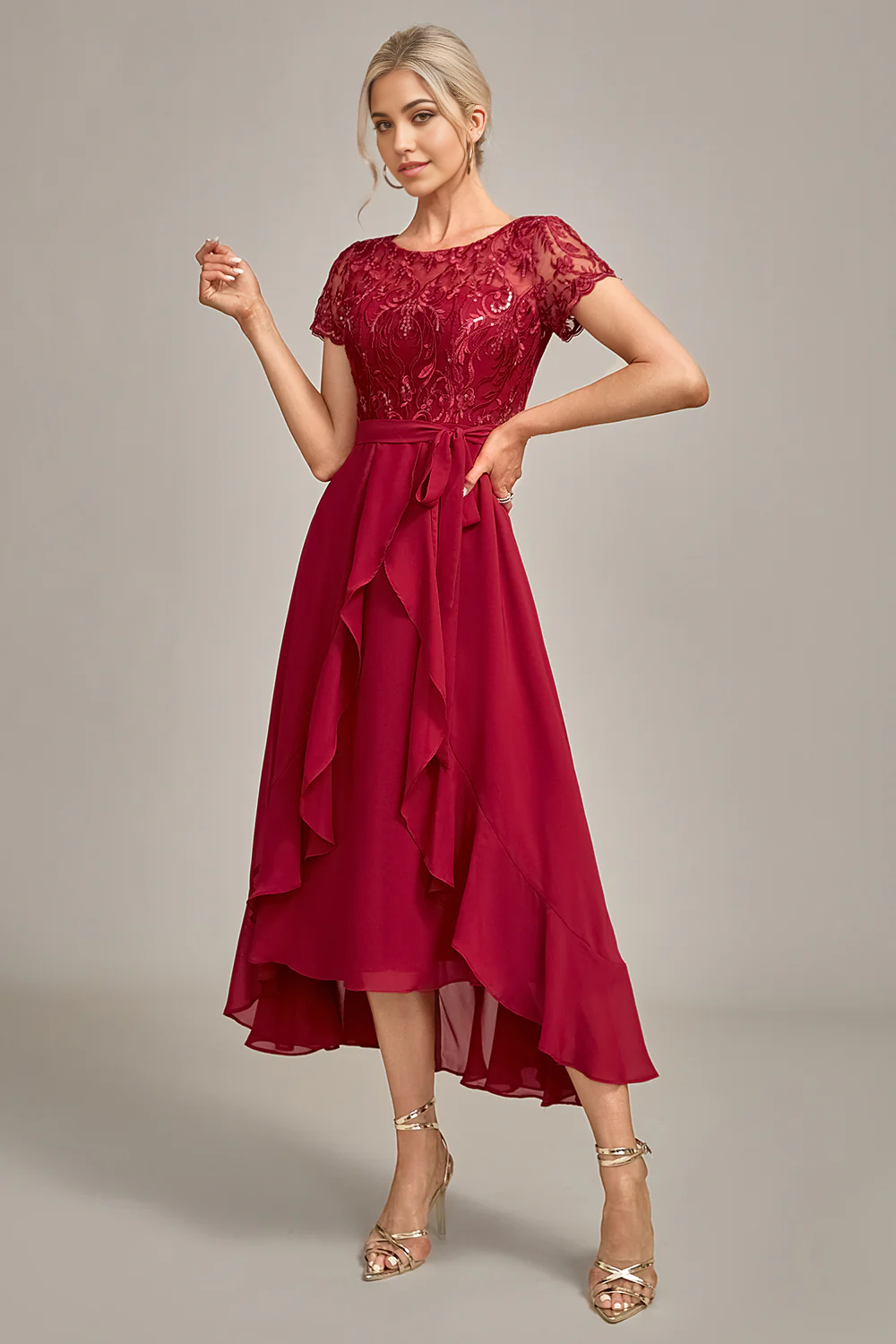 Side profile of the V-neck A-line sequin dress in burgundy.