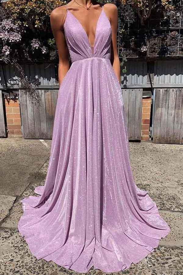 Sparkly deep V-neck backless maxi prom gown.