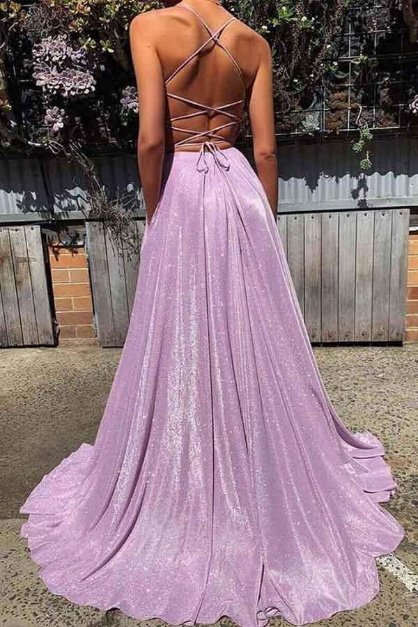 Elegant sparkly deep V-neck maxi prom dress.