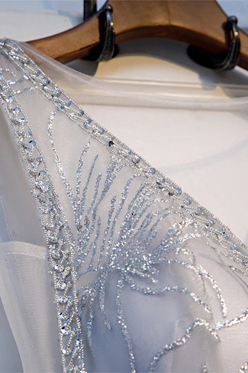Back view of the A-line deep V-neck sequin tea length dress.
