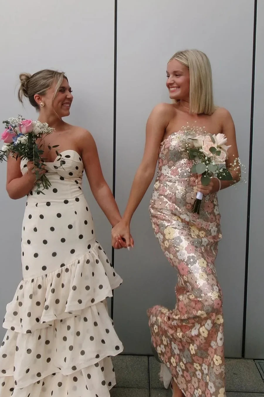Side view of a woman wearing a sparkly strapless fitted floral sequin dress.