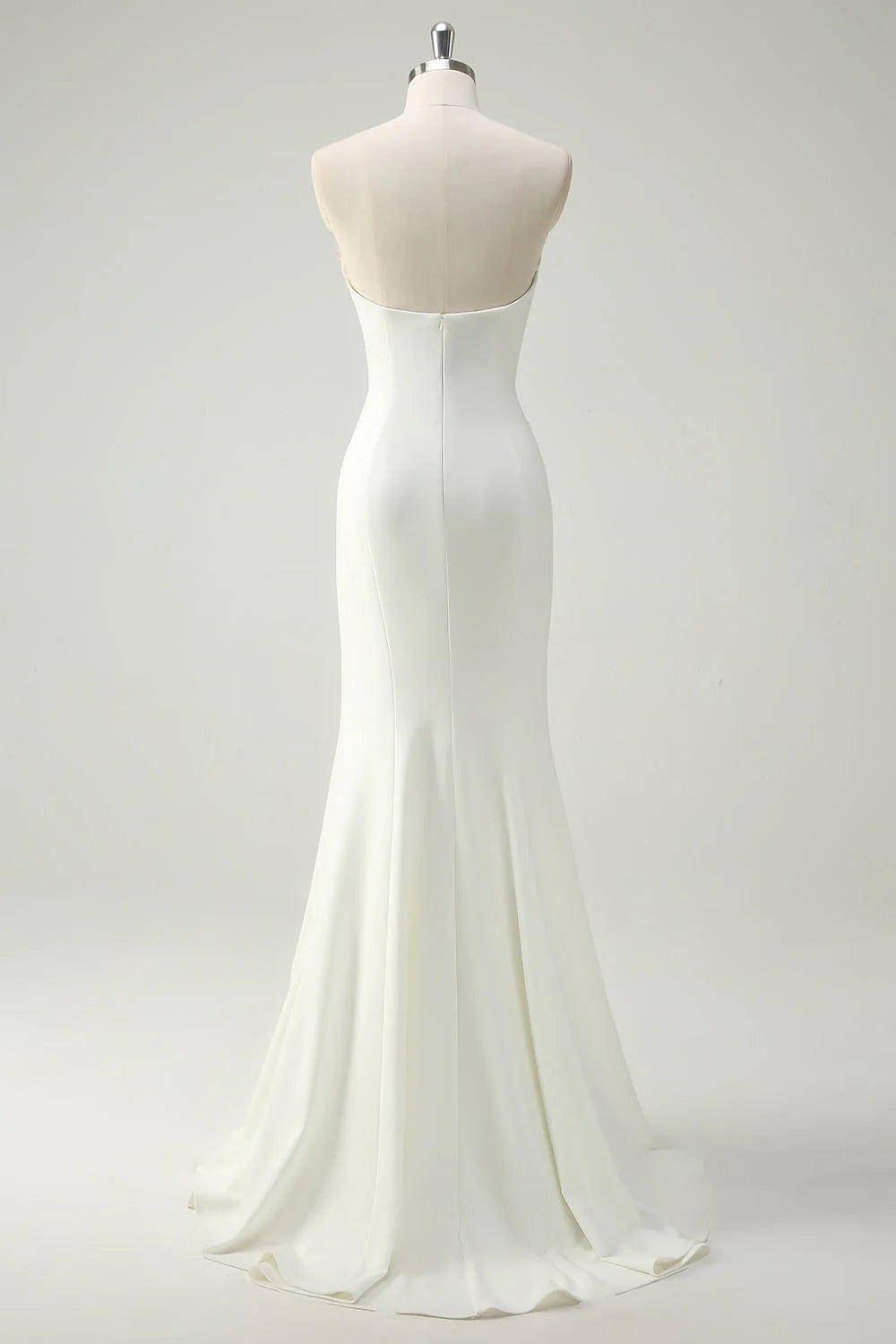 Side view of a sparkly floral strapless mermaid long white prom dress.