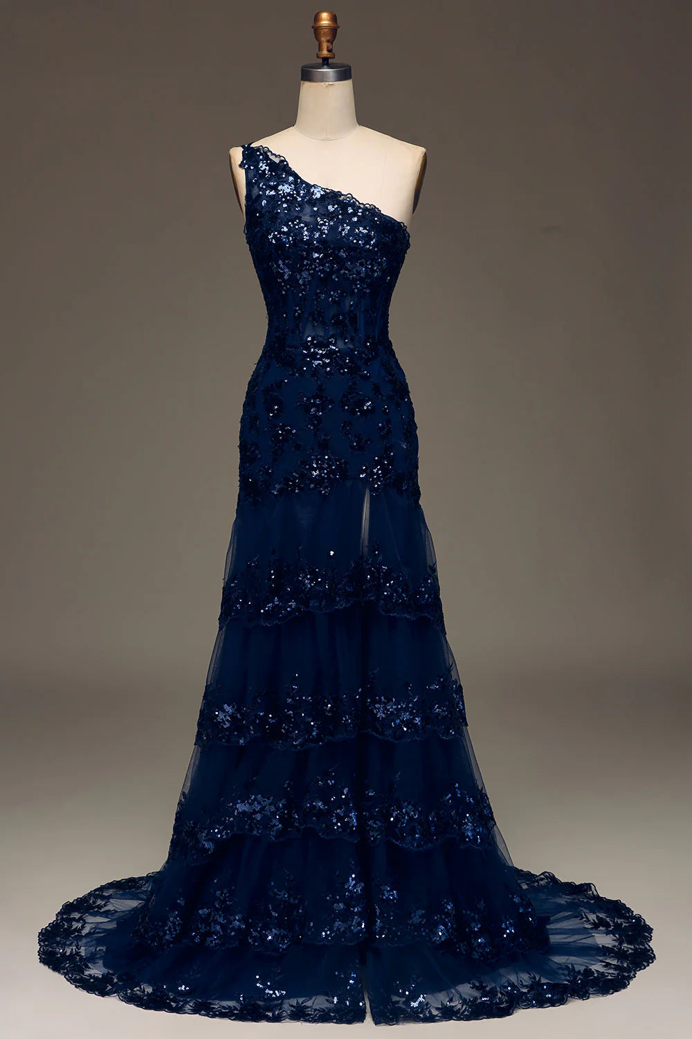 Sparkly lace one-shoulder dark navy long prom dress with a high slit.