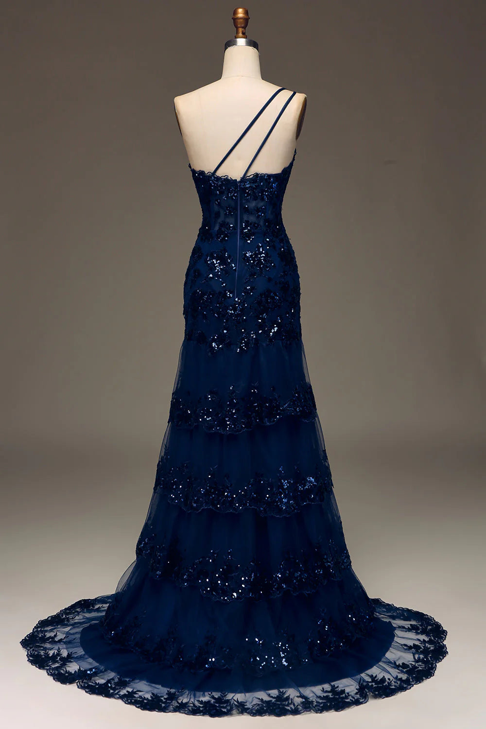 Back view of the tiered sparkly lace dark navy prom dress.