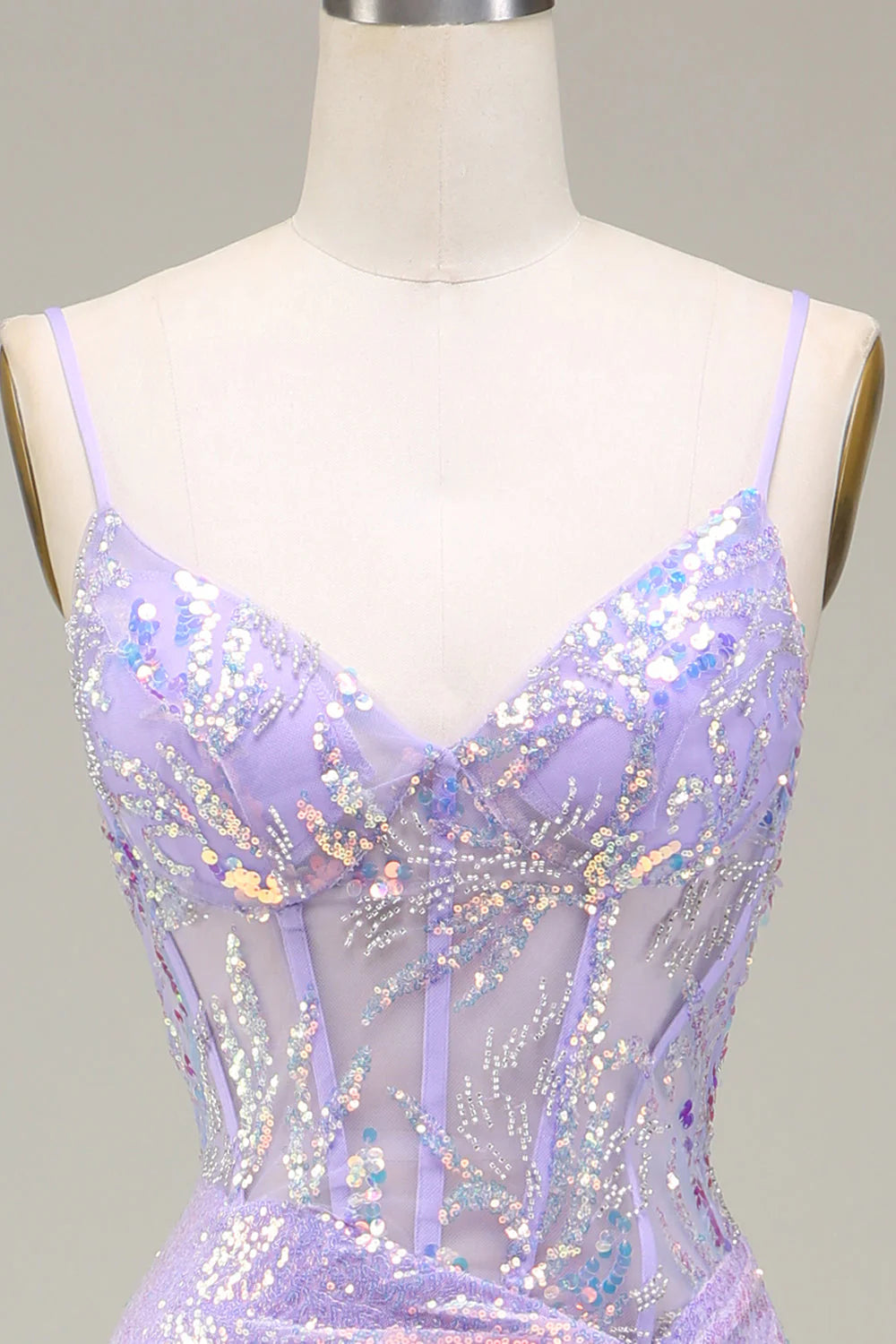 Detail shot of the high leg slit on the sparkly mermaid evening dress.