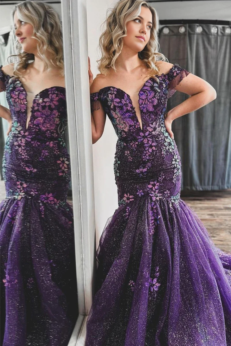 Close-up of the sparkly purple sequin and lace fabric on the mermaid prom dress.