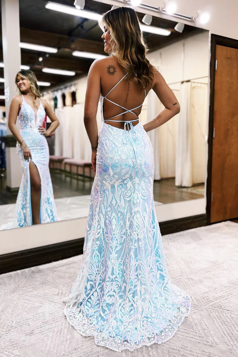 Elegant sequin lace mermaid gown, side view.