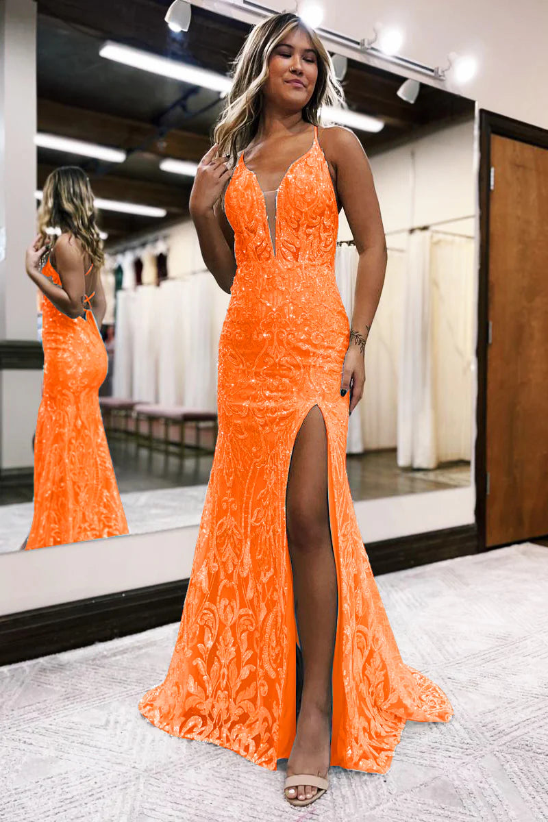 Deep V-neck sequin gown, front view.