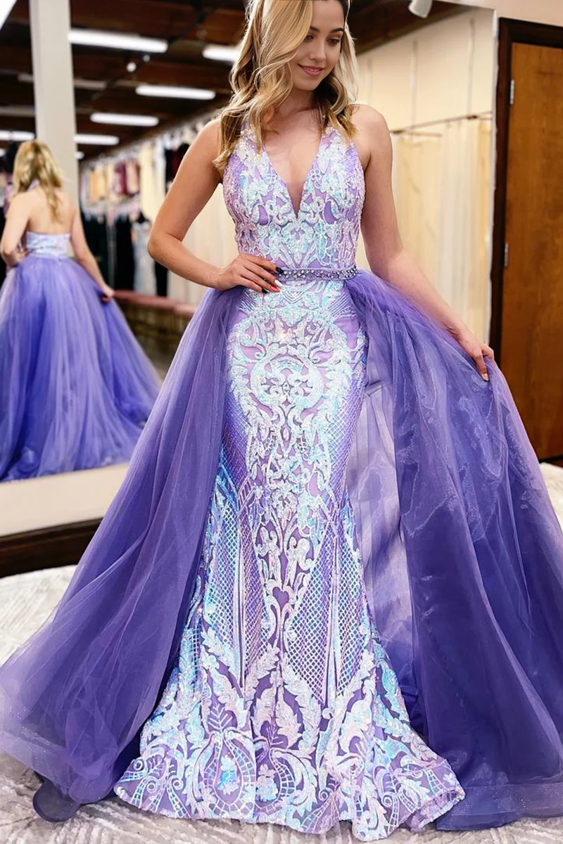 Sparkly lavender sequin mermaid prom dress with V-neck and detachable train.