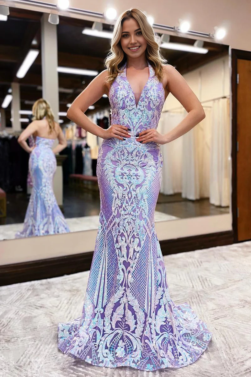 Back view of a lavender sequin mermaid dress showing the elegant detachable train.