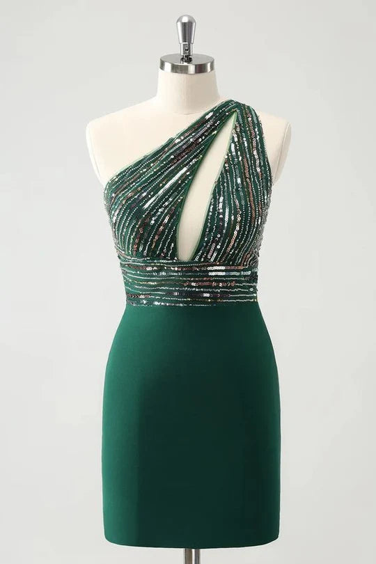 Woman wearing a sparkly one-shoulder sequin bodycon short homecoming dress.