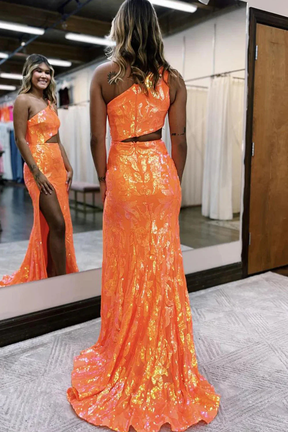 Elegant sparkly one shoulder sequin long prom dress.
