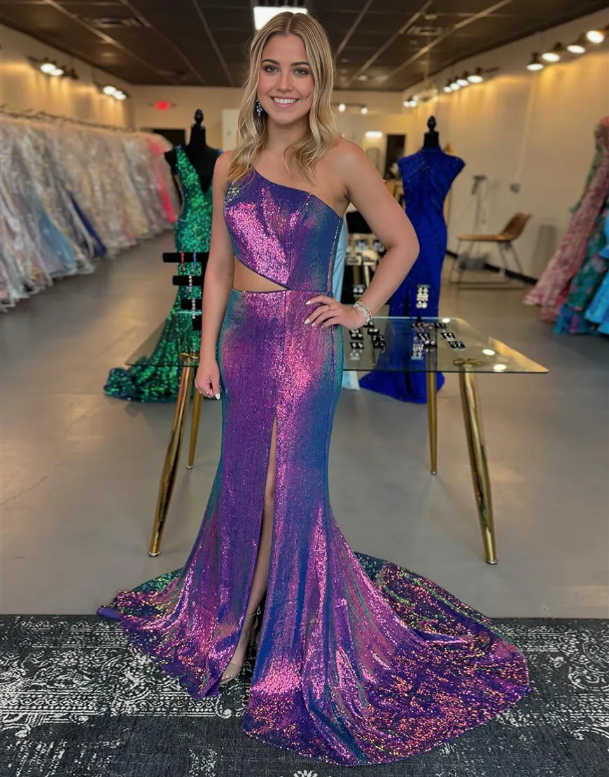 Purple sequin mermaid dress with one shoulder and slit.