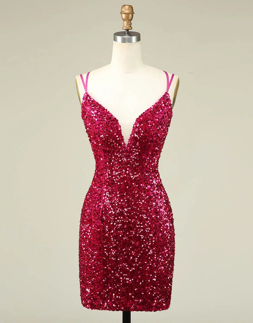 Fuchsia sequin bodycon mini homecoming dress with double spaghetti straps.