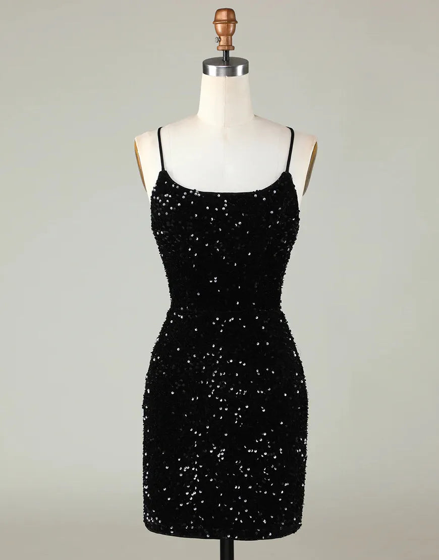 Close-up of the sparkly sequin fabric and spaghetti straps on the homecoming dress.