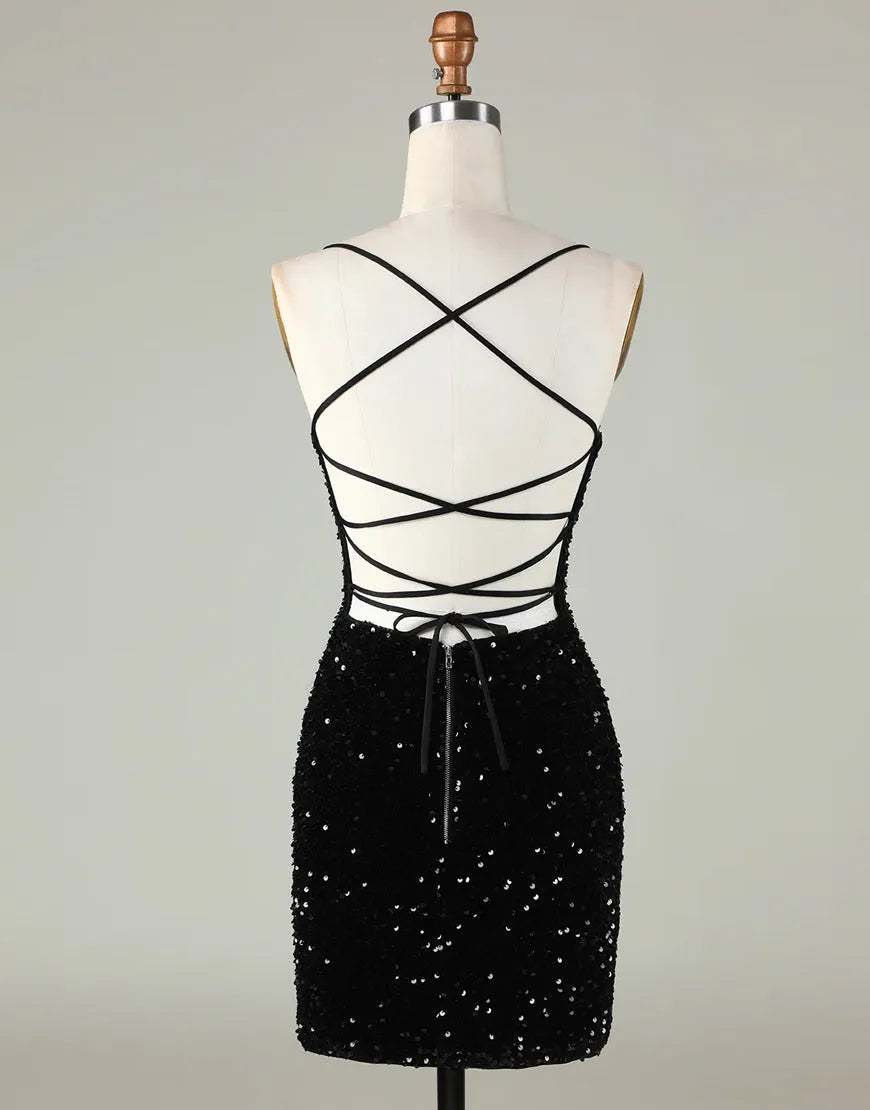 Back view of the sparkly sequin dress, highlighting the intricate corset lacing detail.