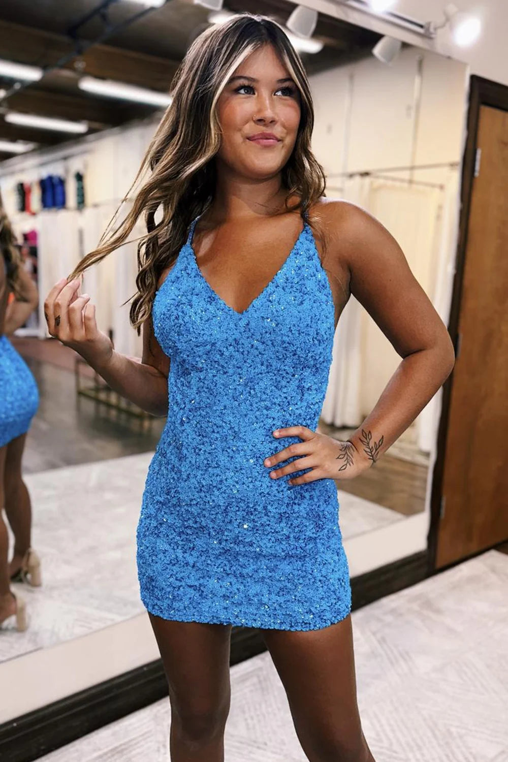 Sparkly sequin halter bodycon short dress.