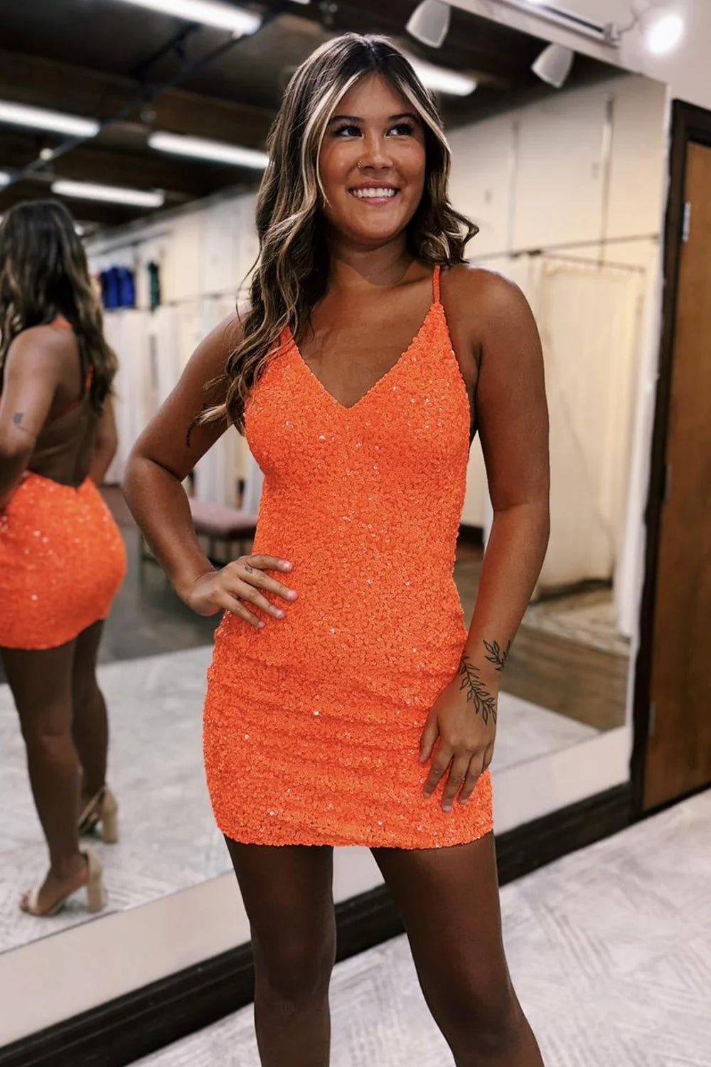 Sparkly sequin halter bodycon short dress.