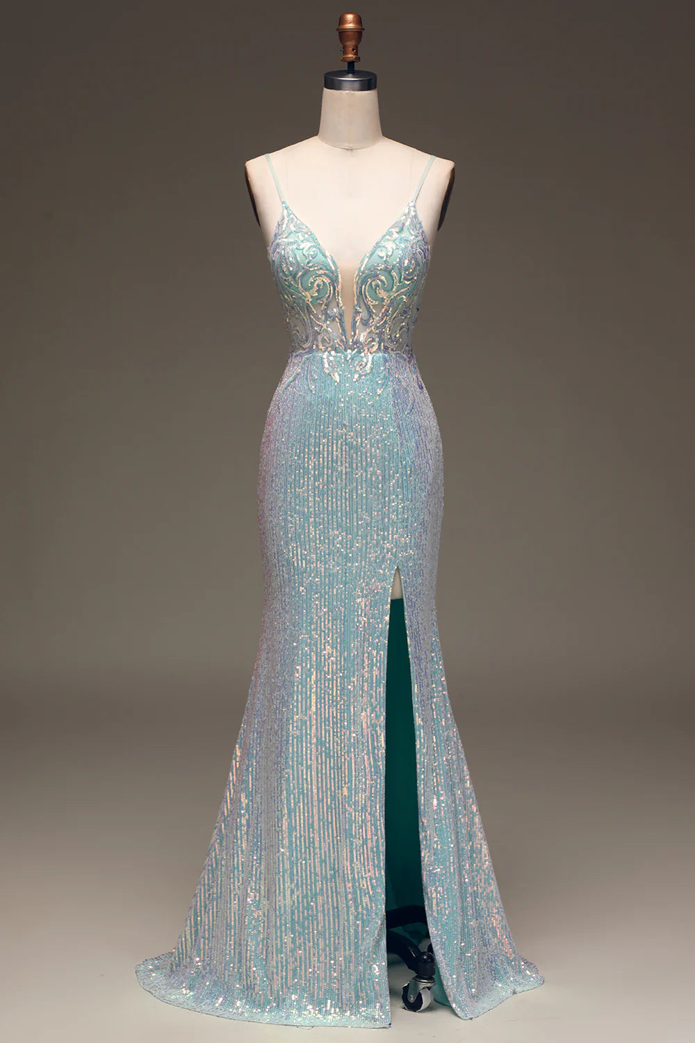 Elegant sparkly sequin mermaid prom dress with a thigh split.