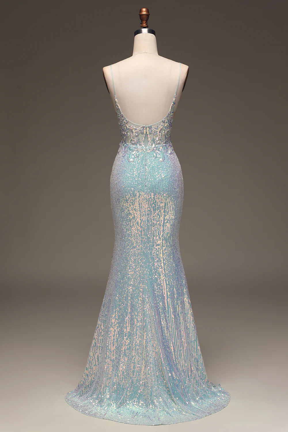 Full view of a shimmering sequin mermaid gown for formal events.
