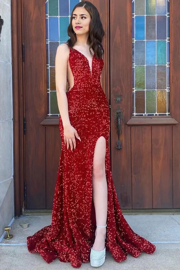 Sparkly sequin mermaid prom dress with V-neck and high slit.
