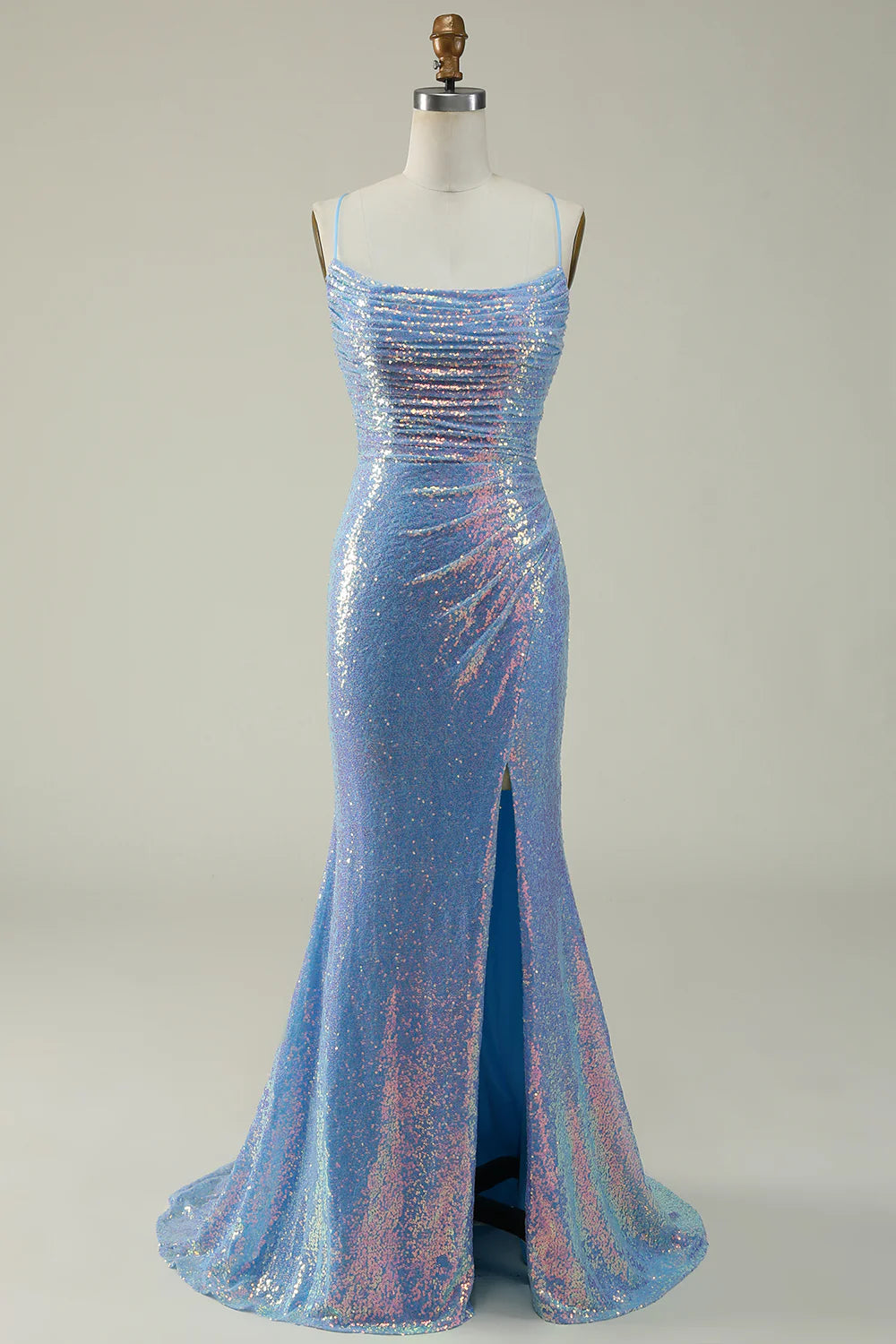 Front view of a sparkly blue sequin long prom dress with a V-neck and high slit.