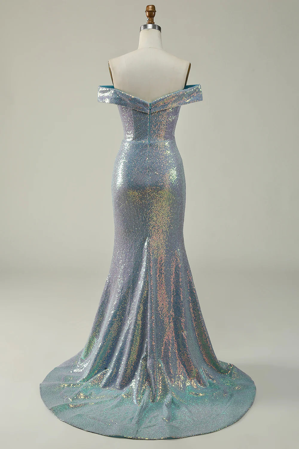 Back view of a blue sequined mermaid prom dress.