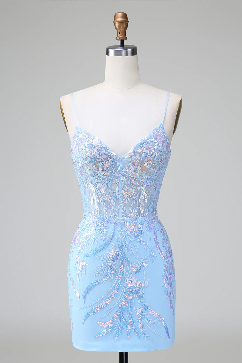 Sparkly sequined short homecoming dress with V-neck.