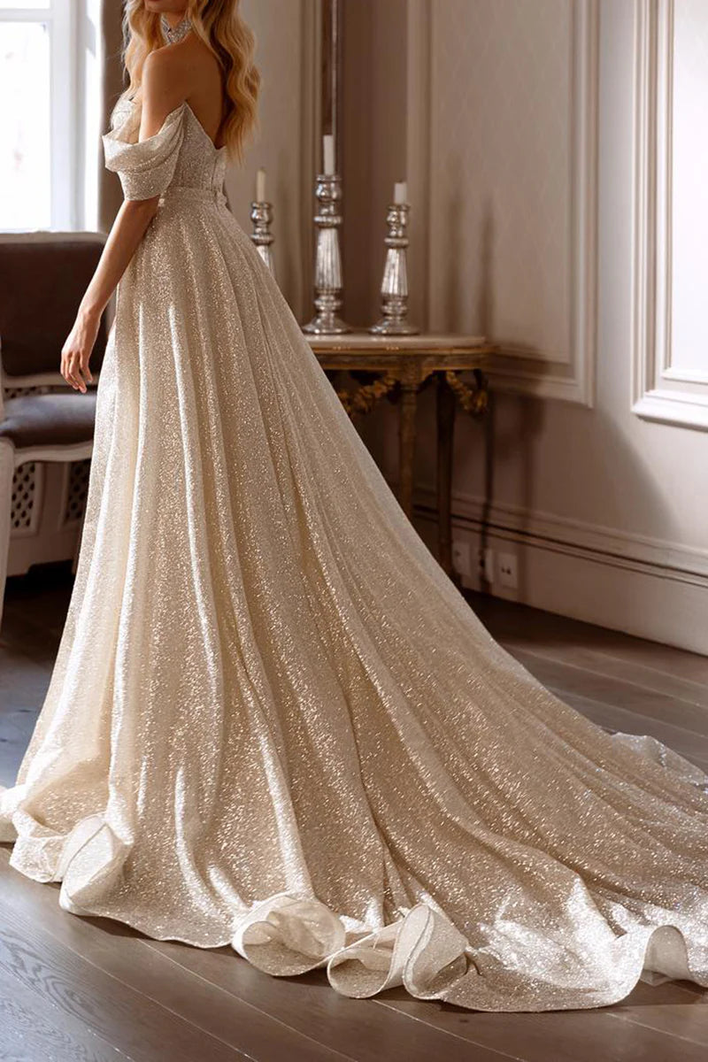 Elegant sparkly wedding gown, sheath column style.