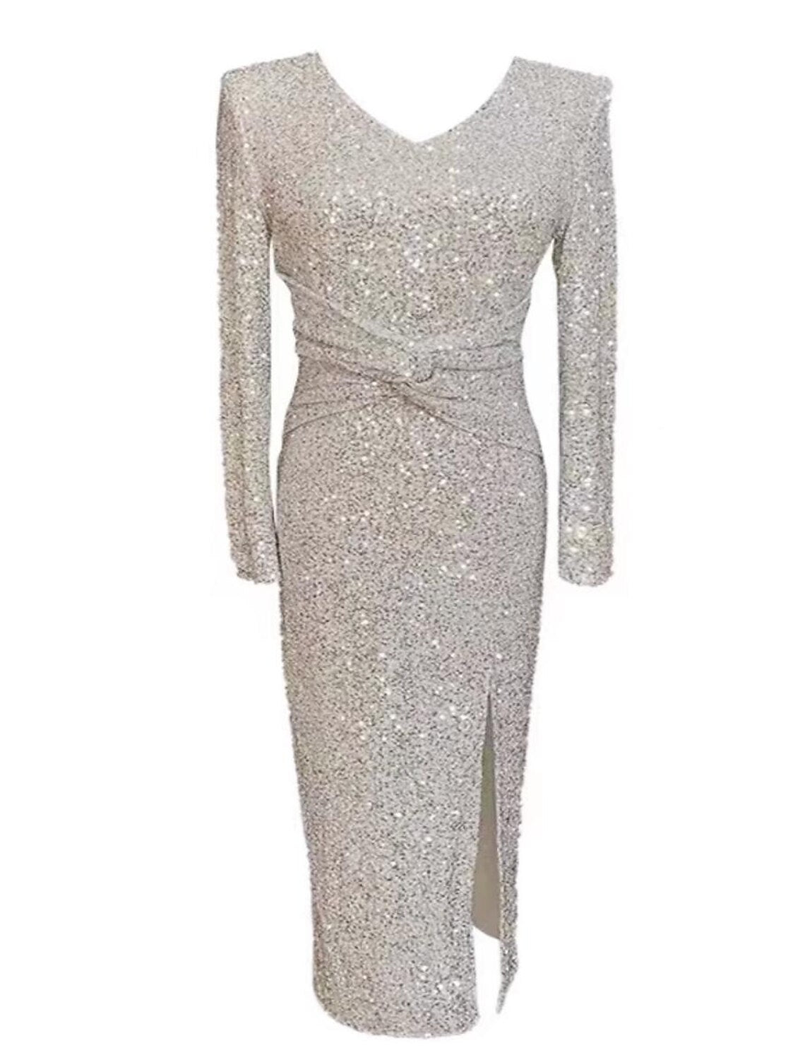Model wearing a sparkly sheath V-neck long sleeve tea length sequined dress with a slit.