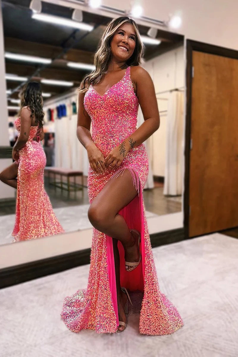 Side view of a woman showcasing the elegant silhouette of the V-neck sequined dress.