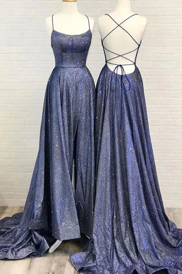 Sparkly V-neck A-line prom dress with cross back and high split.