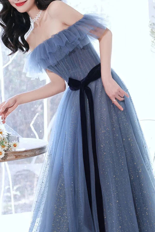 A-line Tulle Off-the-Shoulder Prom Dresses Evening Gown