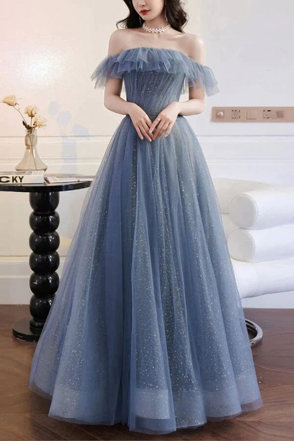 A-line Tulle Off-the-Shoulder Prom Dresses Evening Gown