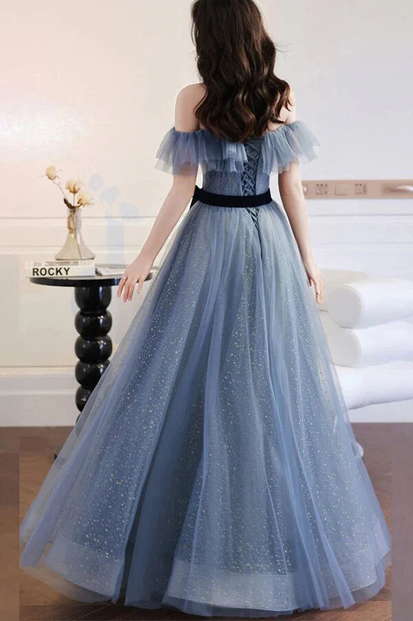 A-line Tulle Off-the-Shoulder Prom Dresses Evening Gown