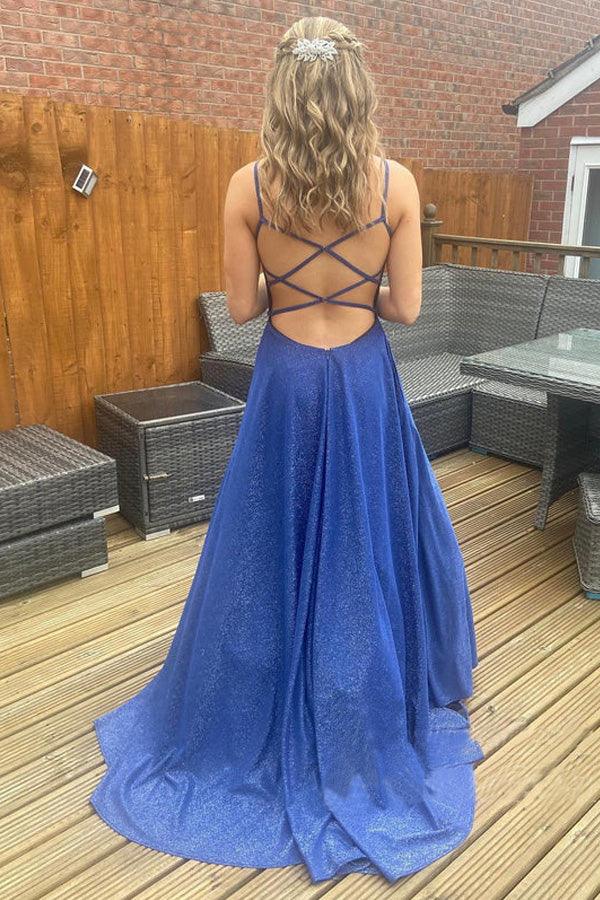 A-line Sparkly V-neckline Sweep Train Prom Dresses Evening Gowns