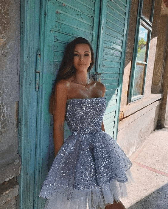 Sparkly A-Line Strapless Sleeveless Sequin Shimmering Silver Short Homecoming Dresses for Women