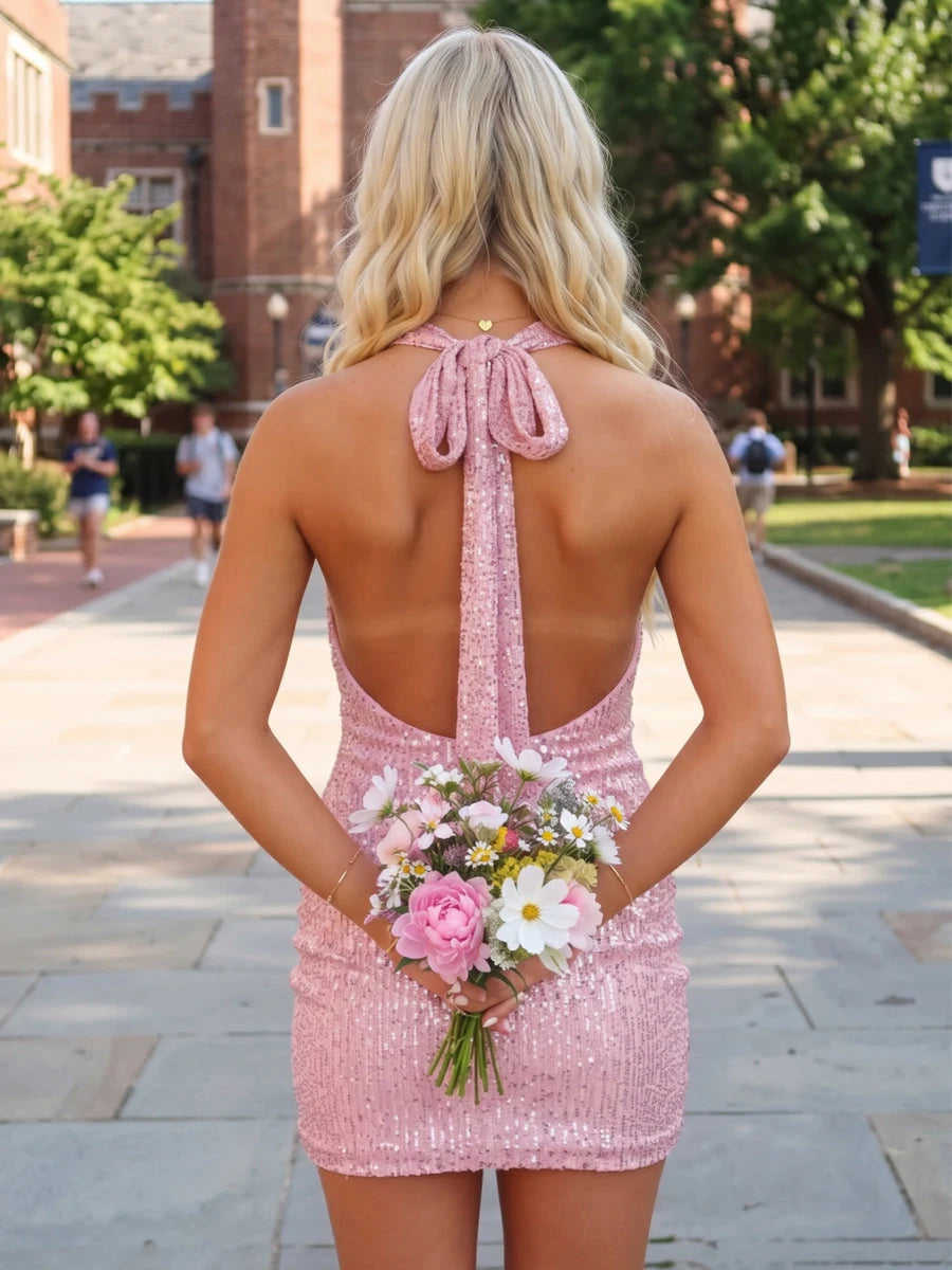 Sparkly Bodycon Halter Sleeveless Sequin Backless Pink Short Homecoming Dress Women's Party
