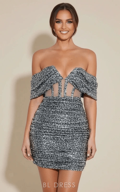 Sparkly Bodycon Off-Shoulder Sequin Corset Black Mini Homecoming Dress Women's