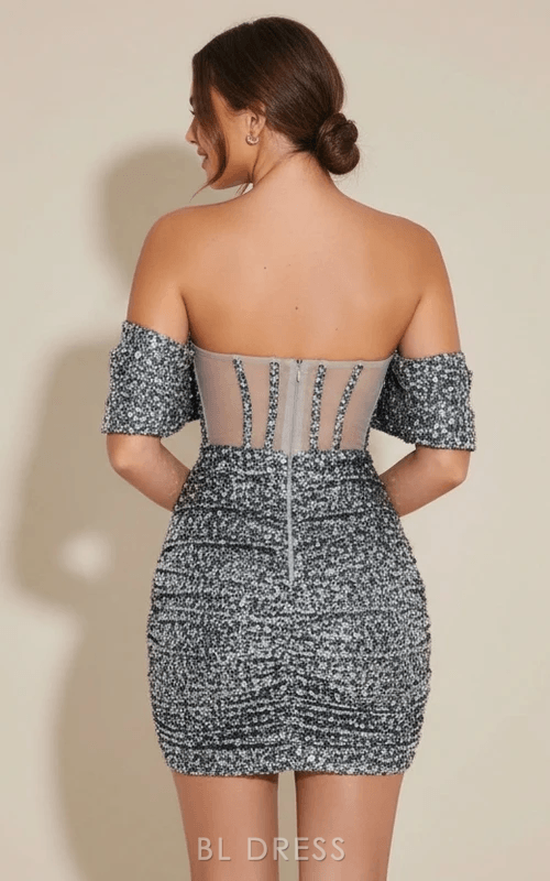 Sparkly Bodycon Off-Shoulder Sequin Corset Black Mini Homecoming Dress Women's