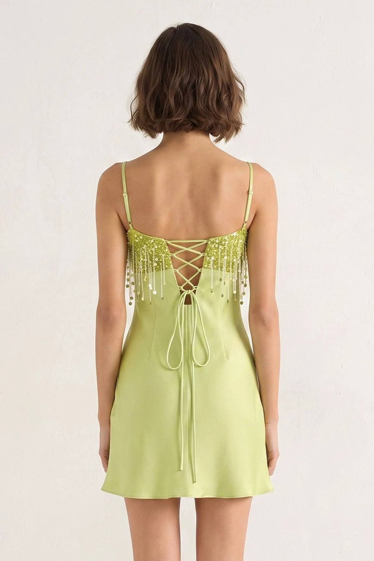 Sparkly Sheath Spaghetti Strap Sleeveless Sequined Fringed Lime Green Mini Homecoming Dress