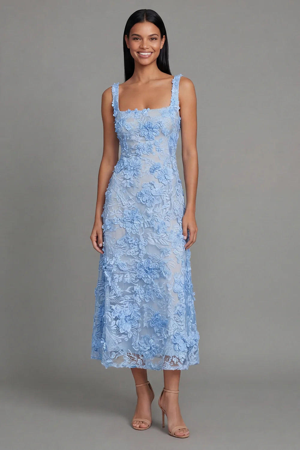 Square Neck Sleeveless 3D Blue Floral Embroidered Midi Dress with Open Back Prom Dress