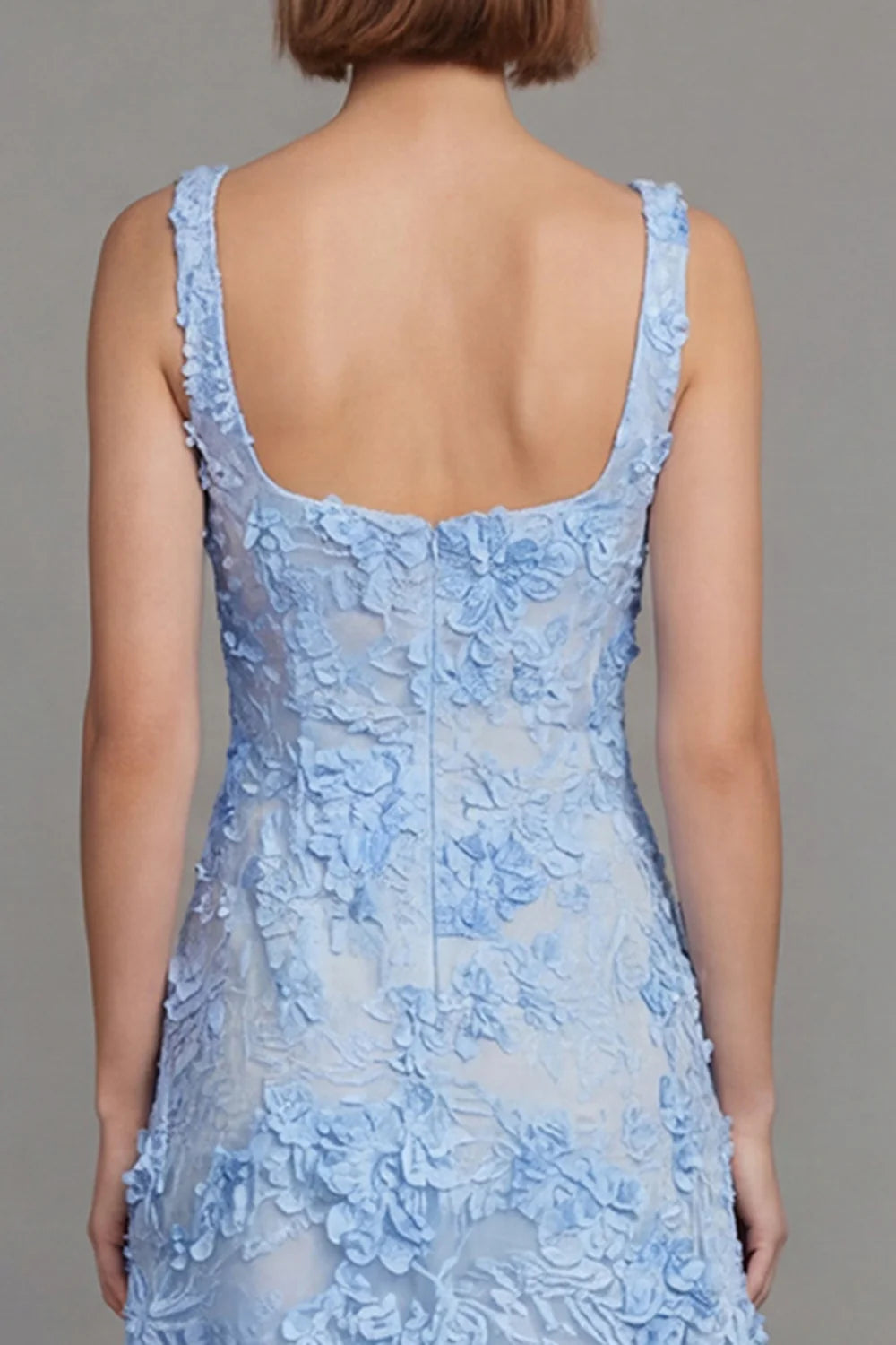 Square Neck Sleeveless 3D Blue Floral Embroidered Midi Dress with Open Back Prom Dress