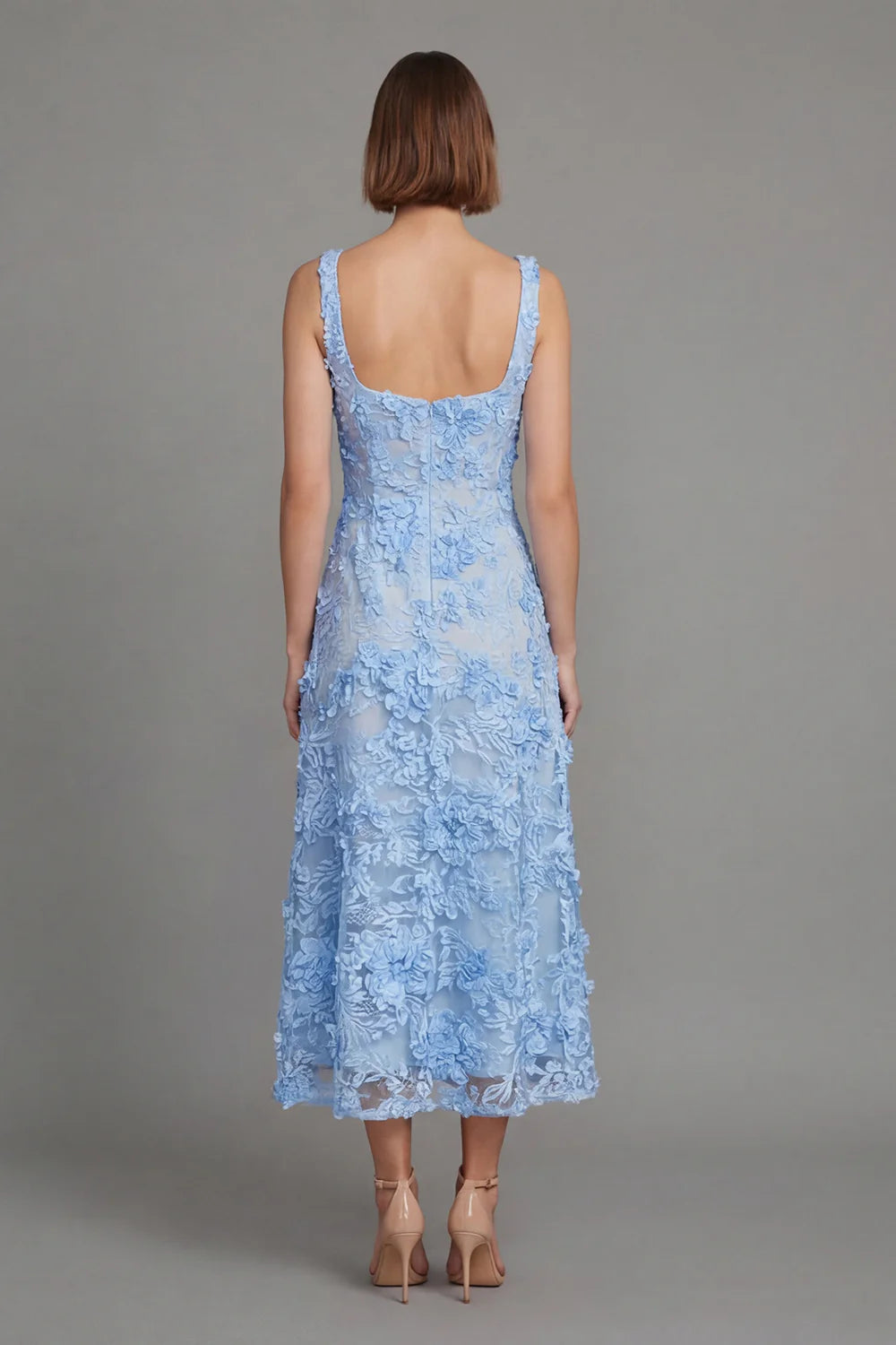Square Neck Sleeveless 3D Blue Floral Embroidered Midi Dress with Open Back Prom Dress