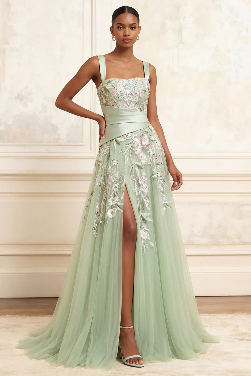 Square Neck Wide Strap Floral Embroidered A-Line Gown with Satin Waist Sash and Side Slit Prom Dress
