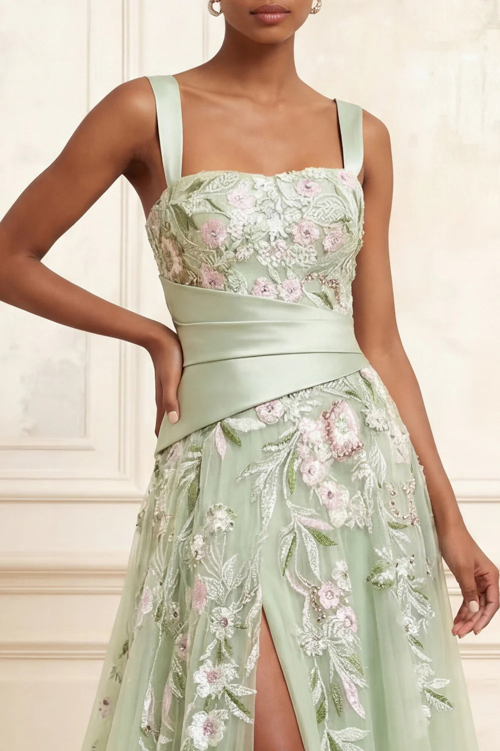 Square Neck Wide Strap Floral Embroidered A-Line Gown with Satin Waist Sash and Side Slit Prom Dress