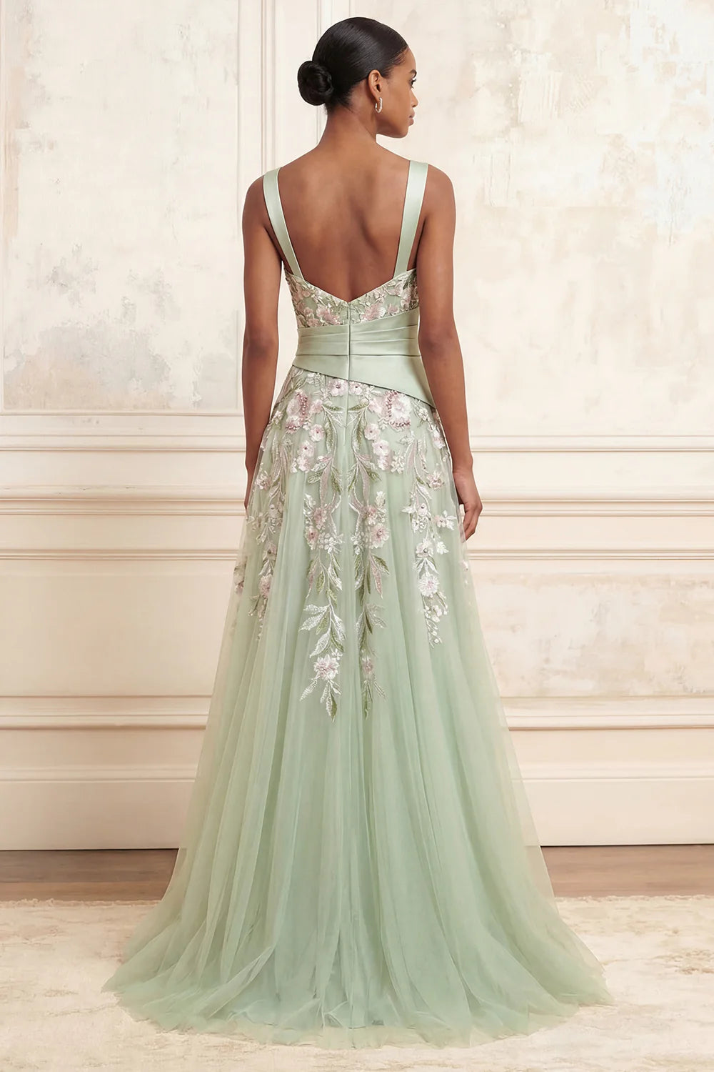 Square Neck Wide Strap Floral Embroidered A-Line Gown with Satin Waist Sash and Side Slit Prom Dress