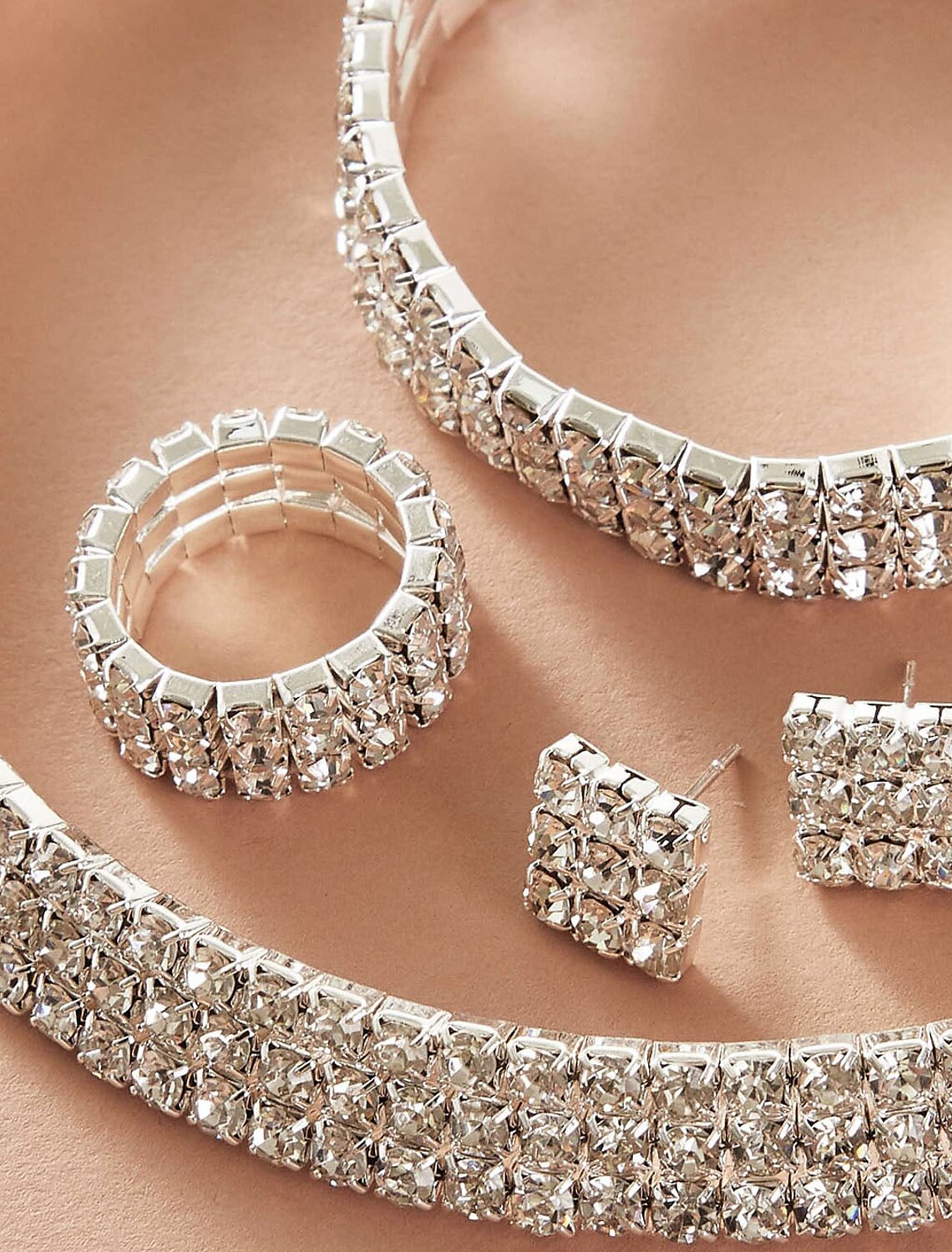 Close-up of Stainless Steel Bridal Necklace and Earrings.